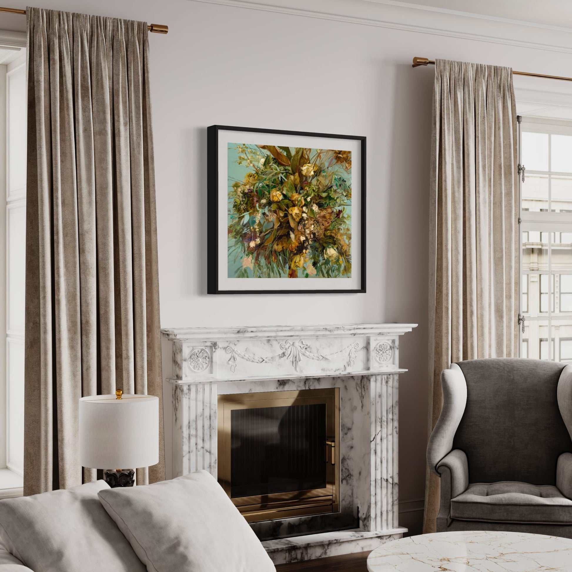 Arrangement For WN Reproductions - Giclée By Colin Davidson Placed On Wall Above Marble Fireplace