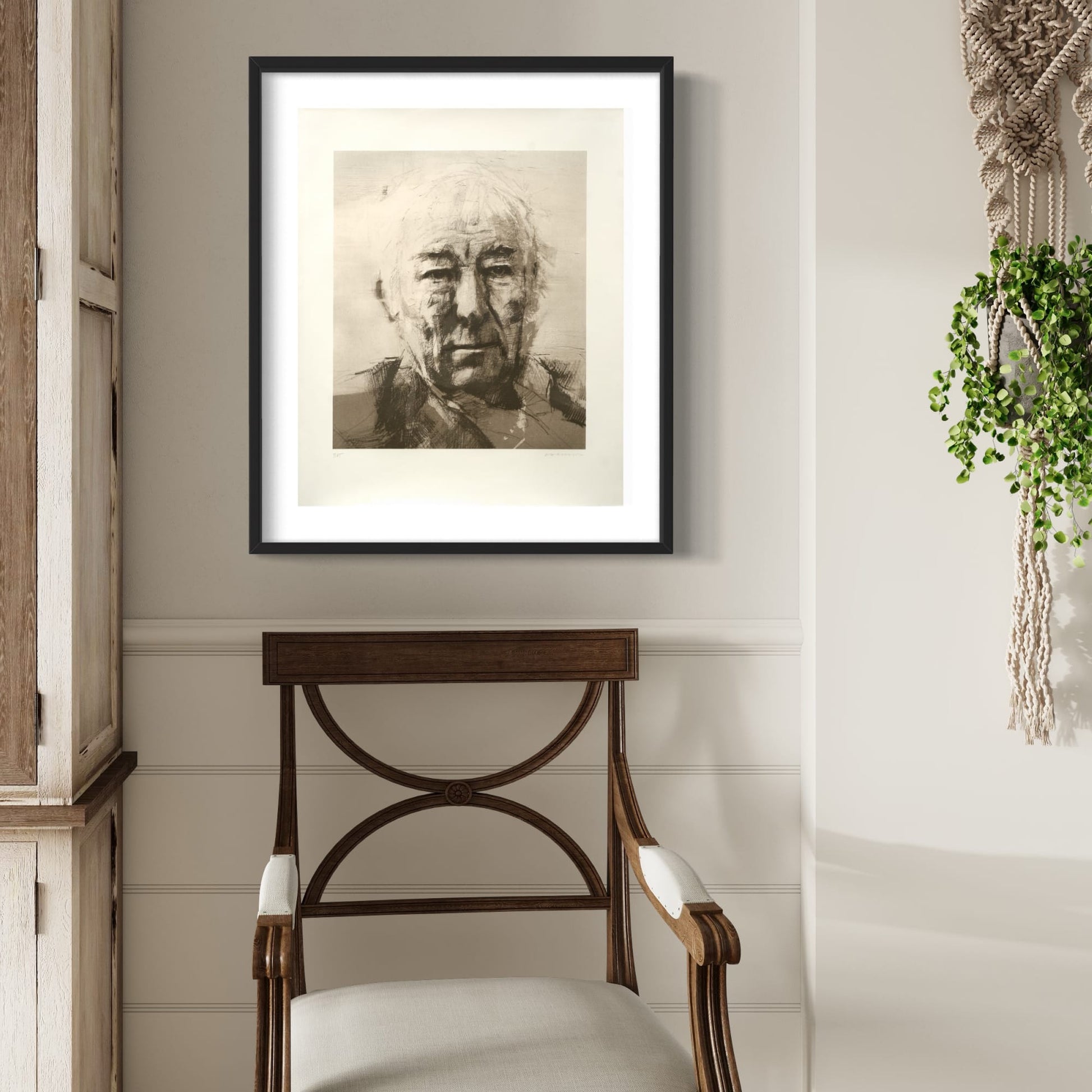 Seamus Heaney Portrait Original Lithograph by Colin Davidson framed on wall